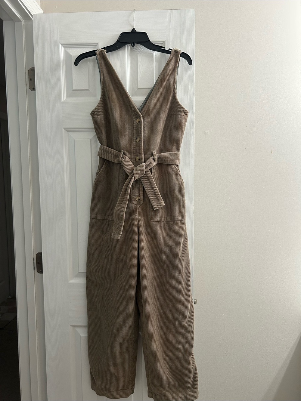 ASOS Taupe Corduroy Sleeveless Button-Front Jumpsuit with Tie Belt size UK 6